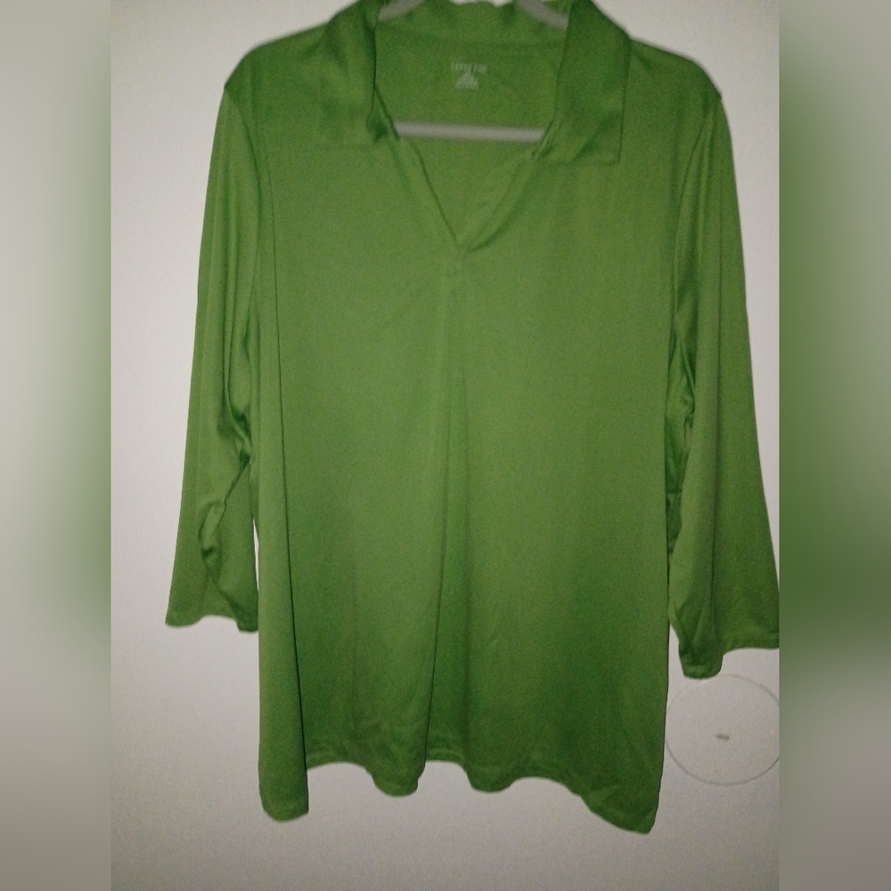 Green V-Neck Johnny Collar Long Sleeve Top